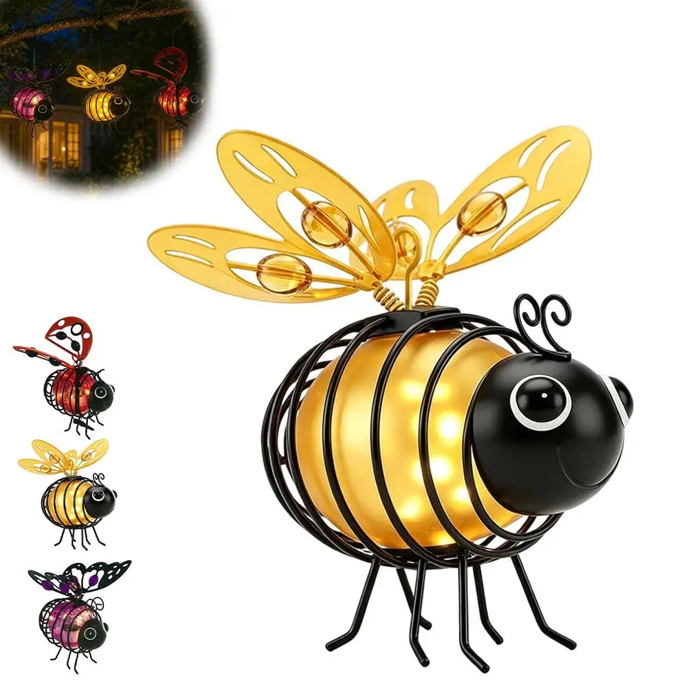 Solar Hanging Garden Lights Iron Bee Ladybug Butterfly Shape LED Fairy Light Auto On/Off Outdoor Yard Patio Tree Decoration Lamp