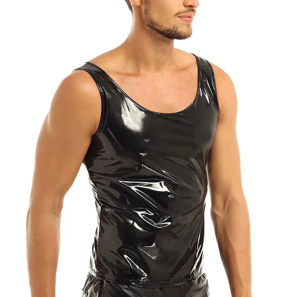 

Men Wet Look Tank Tops Waterproof PVC Leather Vest Male Summer Undershirt Sleeveless T-Shirt Clubwear Man Sexy Singlets Tee Top