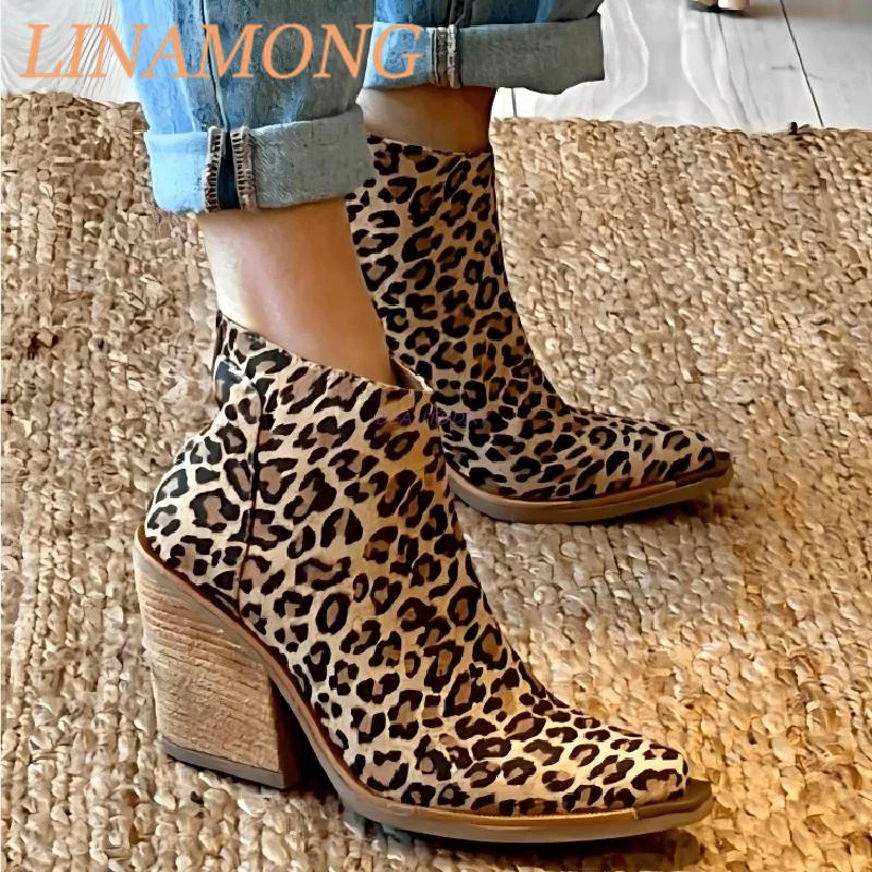 

Leopard Print Pointed Short Boots Fashionable Simple Style Thick Heel Back Zipper Pull Style Versatile High Heels Low Cut Boots