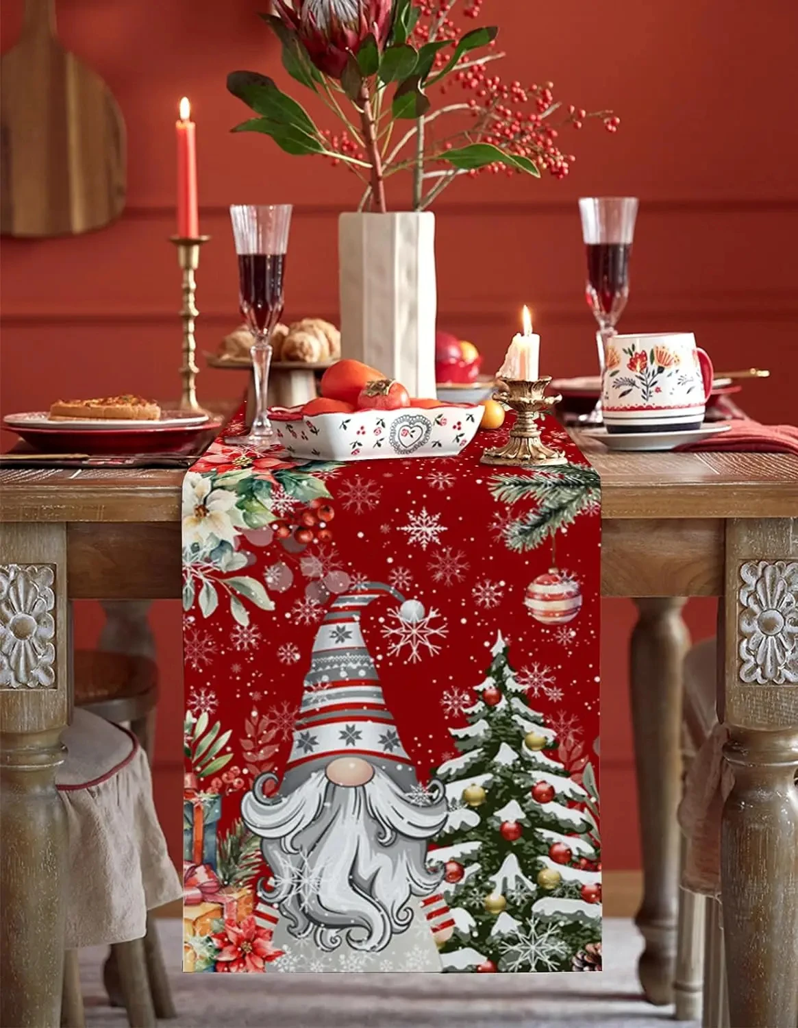 JIT Christmas Gnome Snowflake Table Runner Red Festive For Holiday Dining Table Decoration Cheerful Classic Home Decor Quality