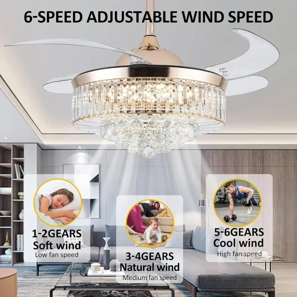 Reversible chandelier crystal ceiling fan with stepless dimming, modern ceiling fan remote control, retractable invisible blades