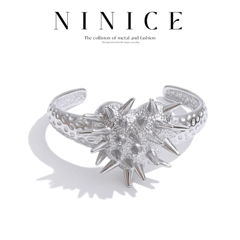 NiNice 64mm Stainless Steel Heart Rivet Exaggerated Cuff Bracelet Bangle Hip Hop Stylish Unique Design Statement Jewelry