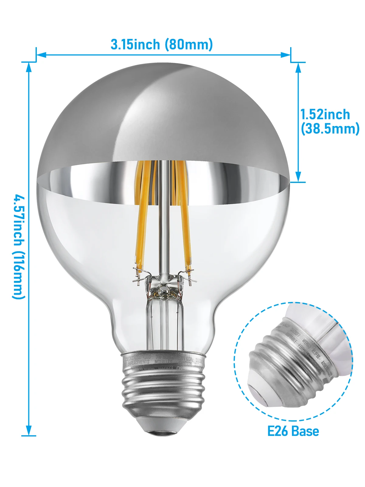 6 Pack Dimmable Half Chrome Light Bulb, 7W (75W Eqv.), Anti Glare G25 Globe Light Bulbs for Bathroom, Vanity, 3000K Warm White