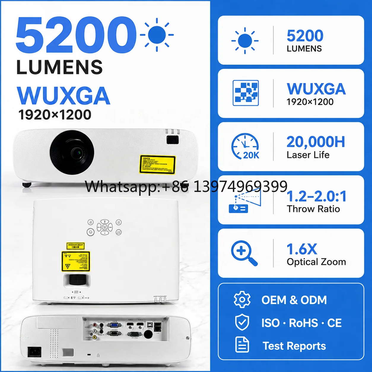 Professional 5200 Lumens WUXGA Laser Projector for Business Conference Education and Training