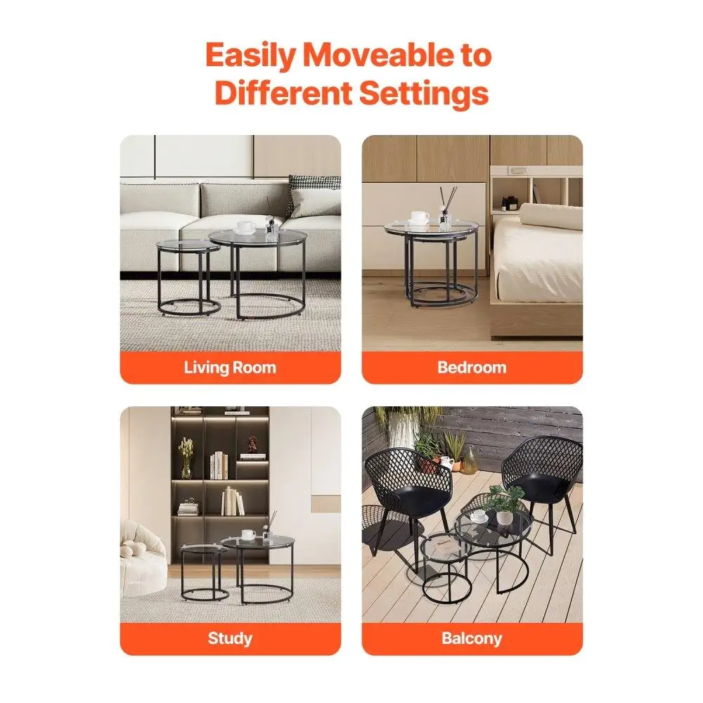 Nesting Round Glass Coffee Table Set of 2 Modern End Tables with Metal Frame for living Room Bedroom Office Use