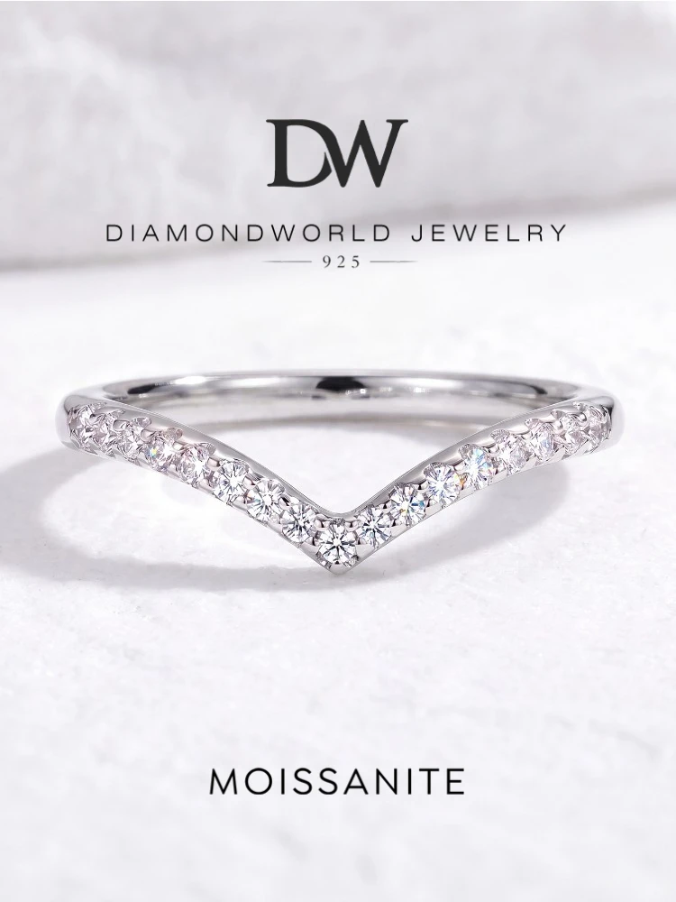 DWJ 925 Sterling Silber Modische Elegante Echte Moissanit-Diamant V-förmige Glänzende Ringe für Damen Verlobungs- und Hochzeitsschmuck – Detail 1