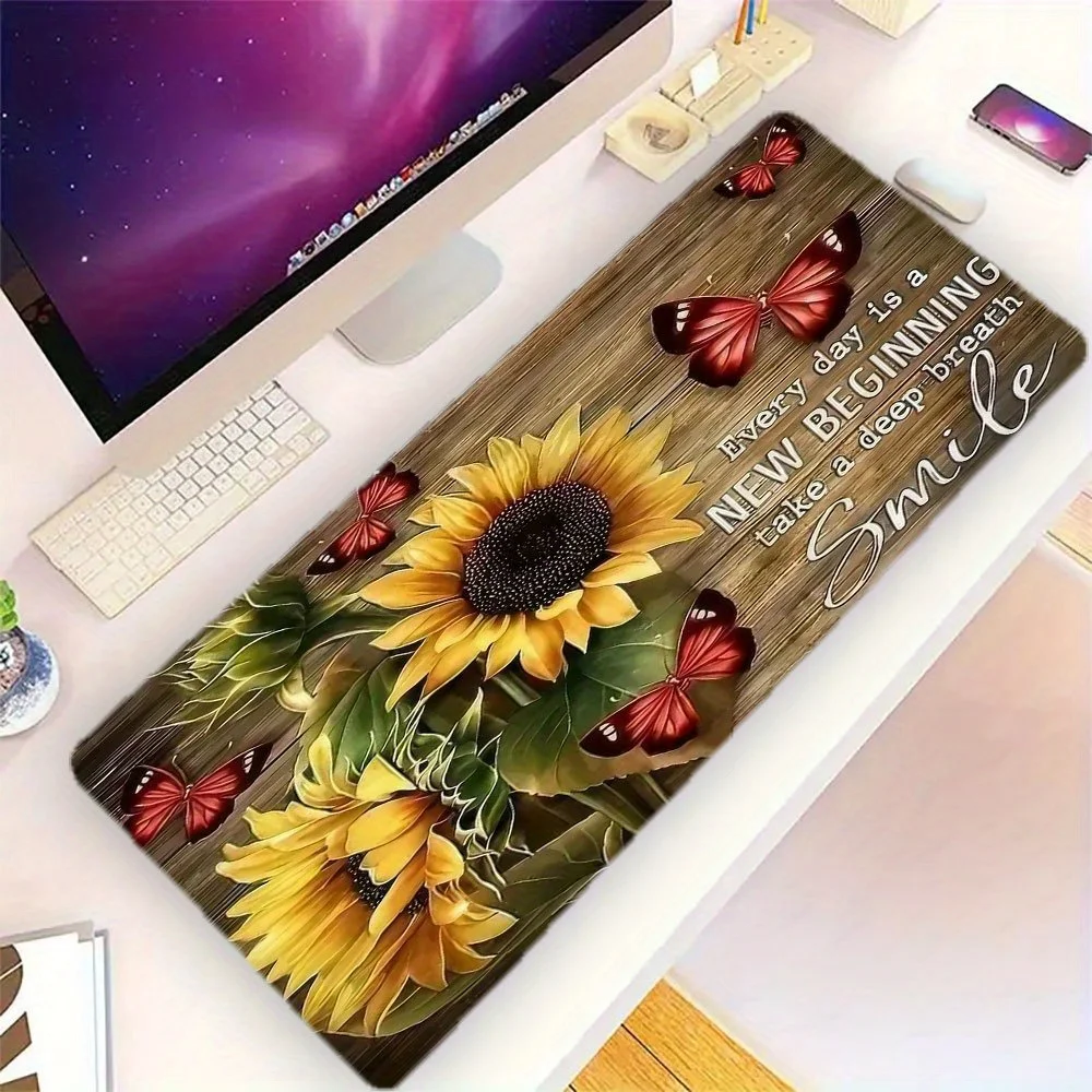Sunflower Butterfly Inspirational Quote Extended Mouse Pad Durable Rubber Non-Slip Keyboard Desk Mat