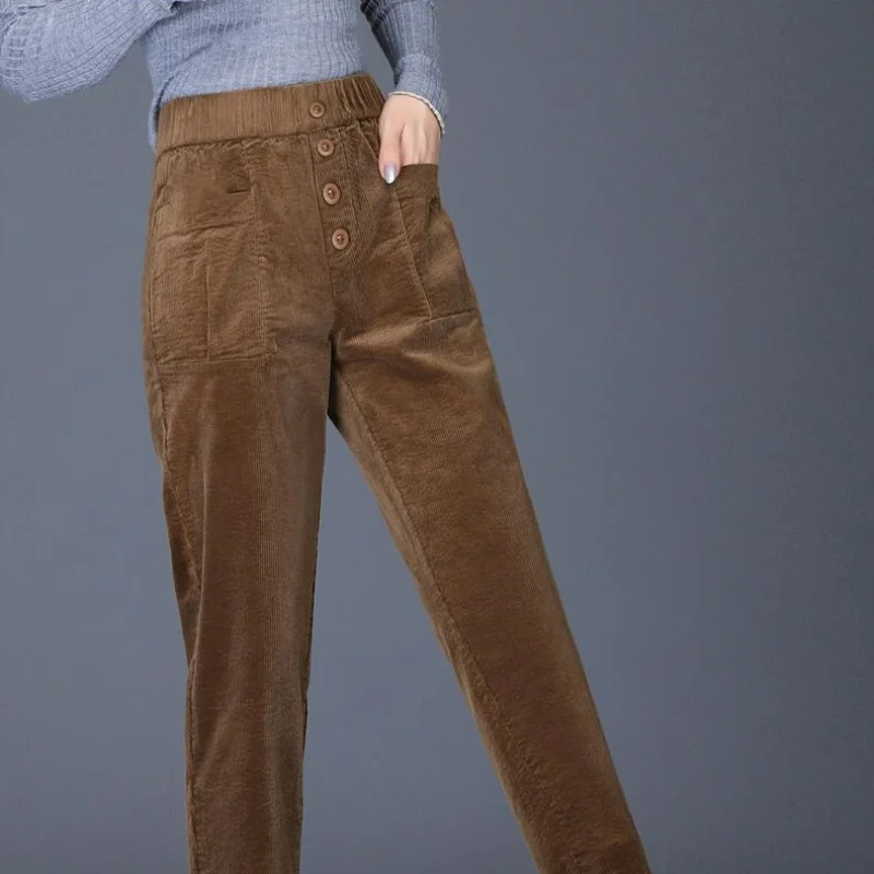 Pantalon en velours côtelé pour femme, pantalon taille haute, poches, bouton, droit, décontracté, simple, sourire, optique, patchwork, nouveau, coréen