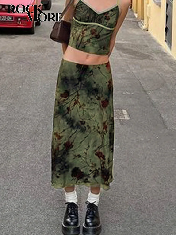 Rockmore Fairycore Grunge Floral Printed Midi Skirt Y2K Aesthetics Clothing Vintage Low Waist Green Woman Skirts Harajuku Outfit