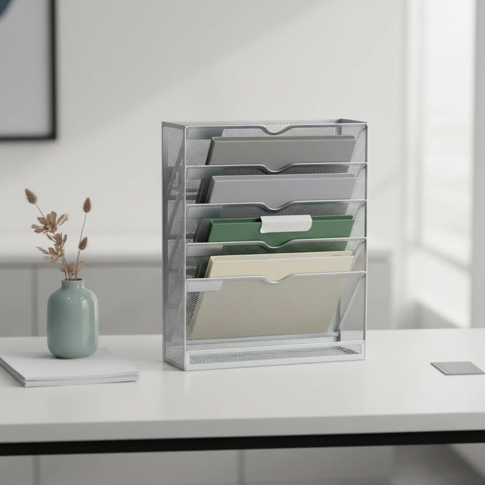 Metal Desktop Document and File Organizer Open-Front Metal Desktop File Organizer Space-Saving Slim for Office, Home Workspace