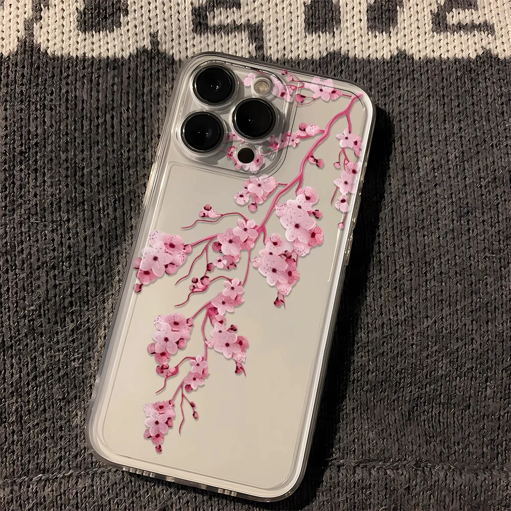 Pink Peach Blossoms Phone Case For iPhone 17 16 15 11 12 14 13 Pro Max Mini XS XR 7 Plus 17E Shockproof Transparent Cover Fundas