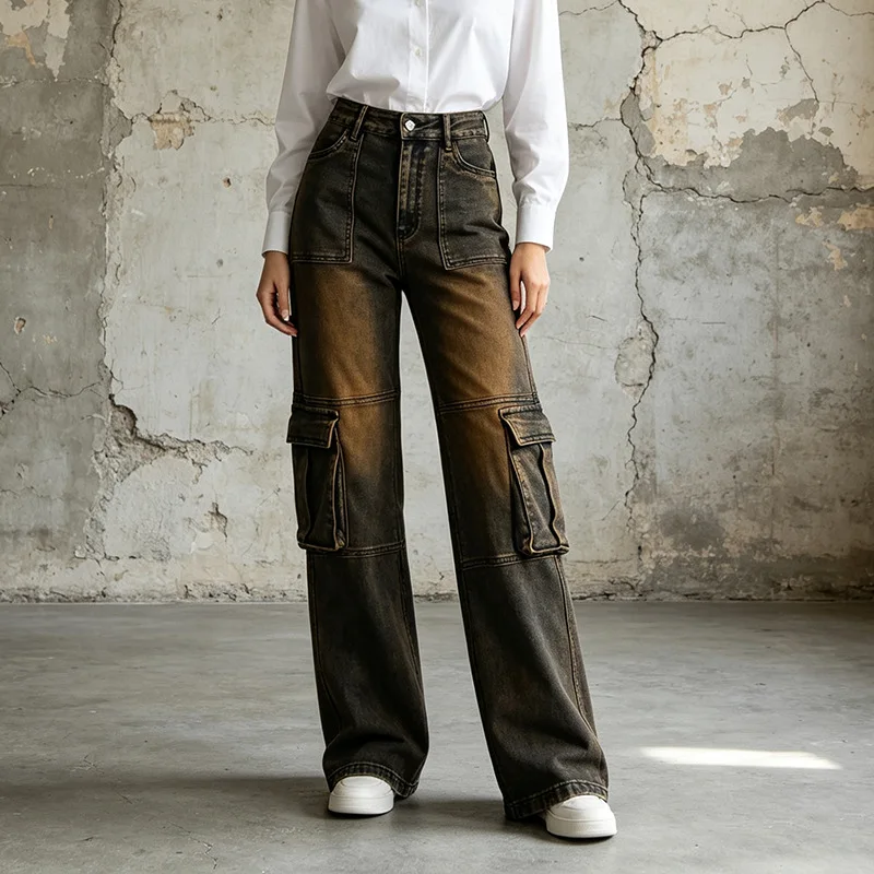 ZAMOR Women's 2026 New High-Waist Straight-Leg Jeans American Retro Cargo Style Casual Denim Pants