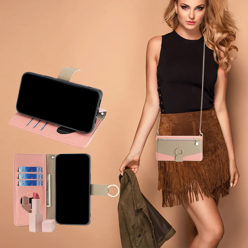 

Mirror Zipper Wallet Case for Samsung Galaxy S21 Ultra S20 Plus S10 S9 Metal Crossbody Strap Leather 3 Card Slot Ring Flip Cover