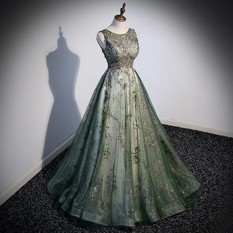 Green Women Sleeveless Evening Dress Elegant Custom Host Banquet Party Long Gown High Quality Embroidered Round Neck Puffy Skirt