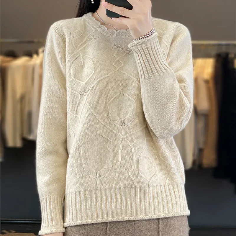 Tailor Sheep Trend 100% Beautiful Merino Wool Sweater Women's Knitted O-Neck Hollow Pullover Short Style Hot Sale Sweater