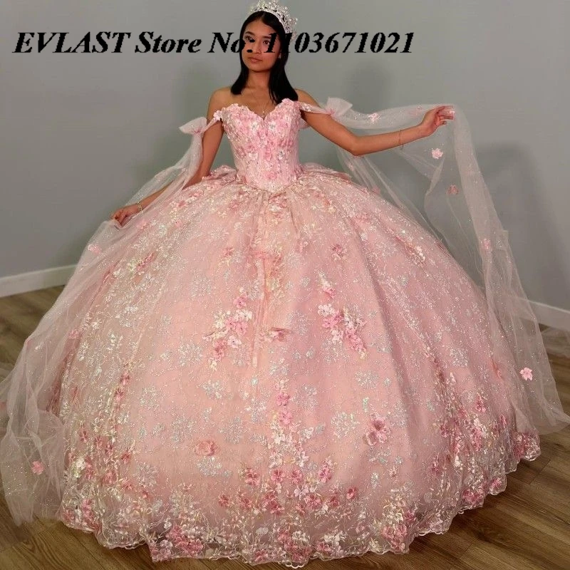 EVLAST Aangepaste Roze Quinceanera Jurk Baljurk 3D Bloemen Applique Kralen Cape Corset Sweet 16 Vestidos De XV 15 Anos SQ4