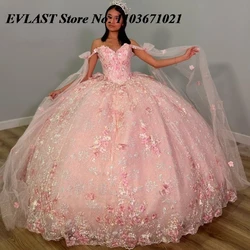 EVLAST Customized Pink Quinceanera Dress Ball Gown 3D Floral Applique Beading Cape Corset Sweet 16 Vestidos De XV 15 Anos SQ4