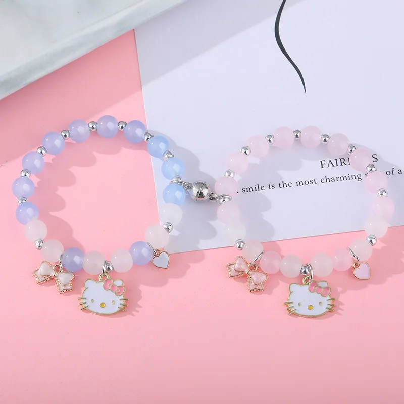 Cartoon Charms Bracelets Kawaii Hello Kitty Pendant New 18Cm Imitation Pearl Crystal Glass Beads Bangle Jewelry Gifts for Girls