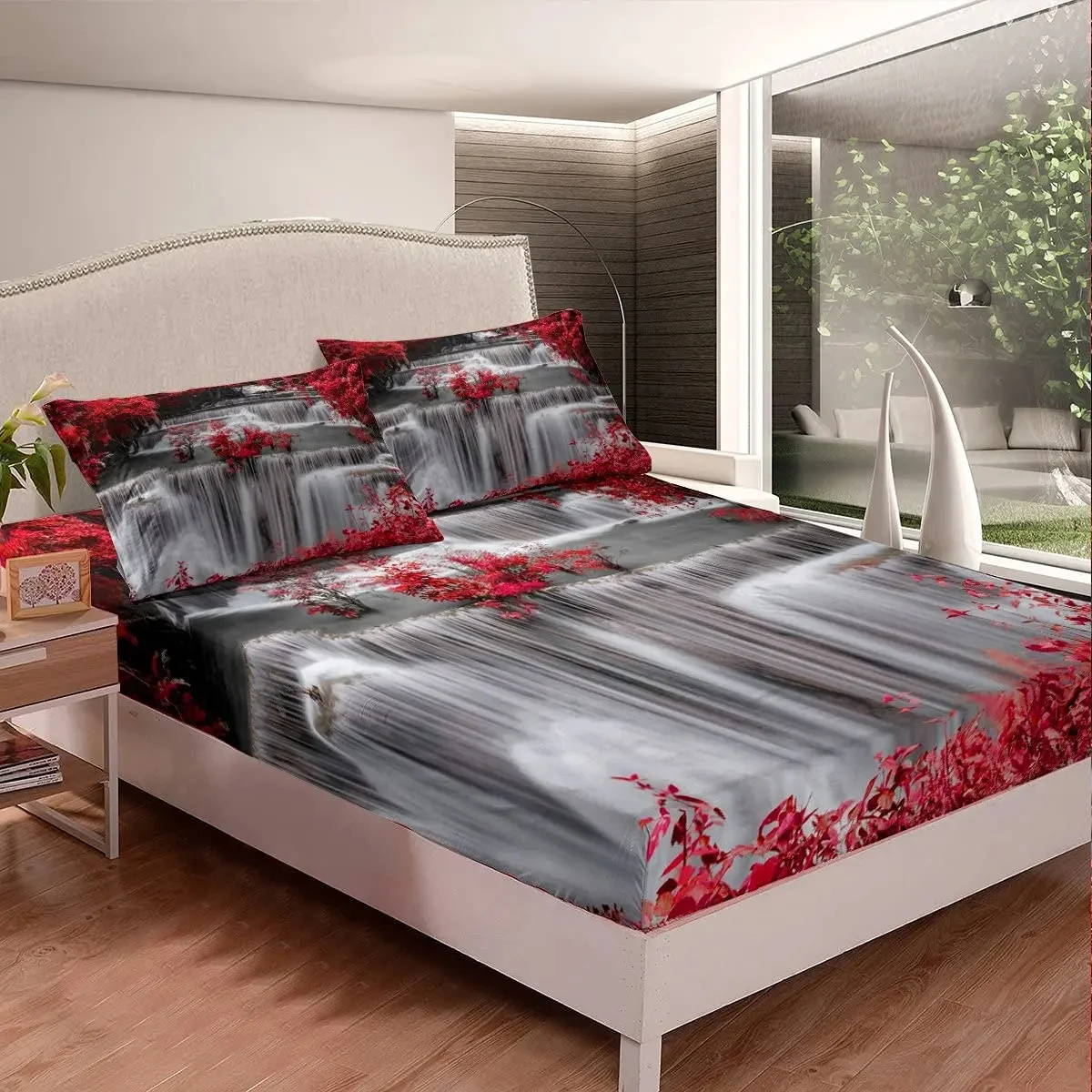 Waterfall Fitted Sheet Twin Queen Size Forest Mountain Bed Sheets Set Nature Scenery Bedding Set for Bedroom Dorm Decorative