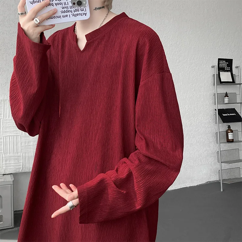 

M-XXXXXL Новая текстурированная футболка свободного покроя с v-образным вырезом и длинным рукавом, базовая футболка большого размера, мужская повседневная уличная одежда в гонконгском стиле, топ 5XL 4XL