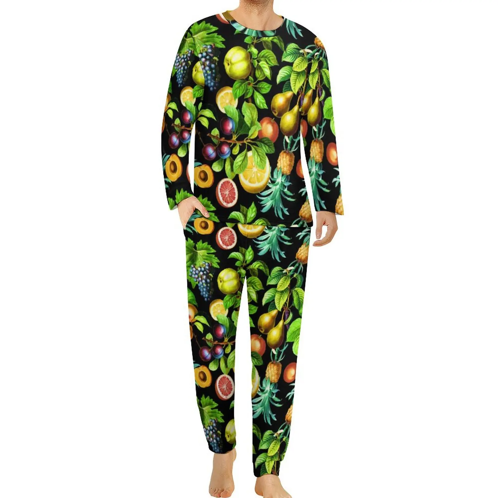 Tropical Fruit Pajamas Long Sleeves Vegetarian Lemon Print 2 Pieces Room Pajama Sets Spring Men Custom Cute Oversized Sleepwear