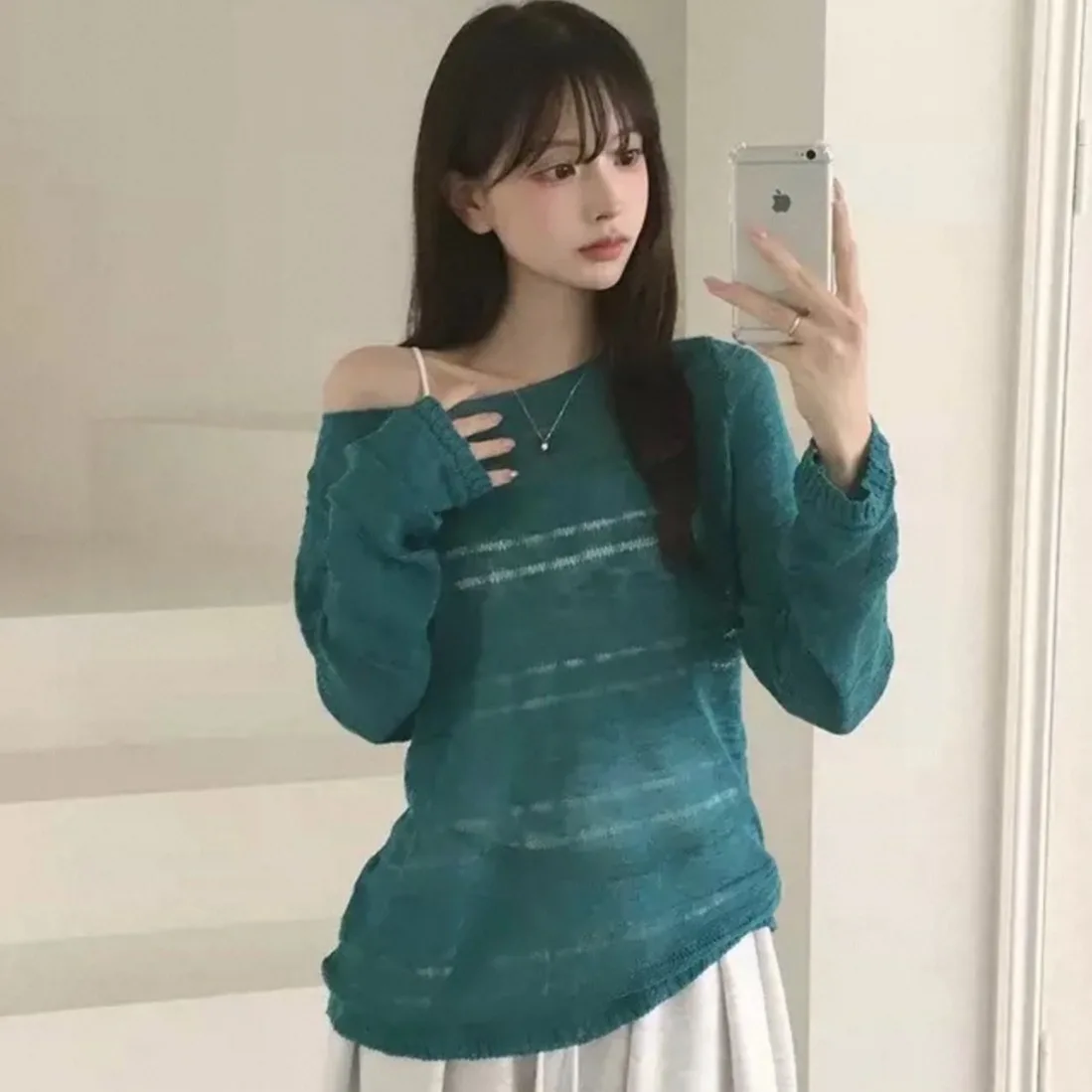 Loose Long Sleeve Knitted Hollow out One Shoulder Women's Top Comfortable Breathable Polyester Fiber Autumn Fashion Trend