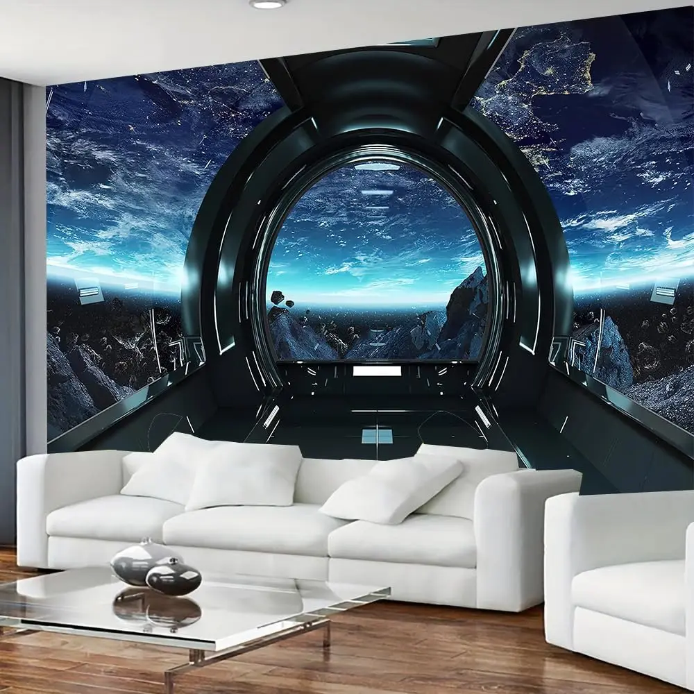 الخيال العلمي سفينة الفضاء نسيج محطة الفضاء المستقبلية كوكب الأرض جدار الفن لغرفة النوم غرفة المعيشة ديكور النوم