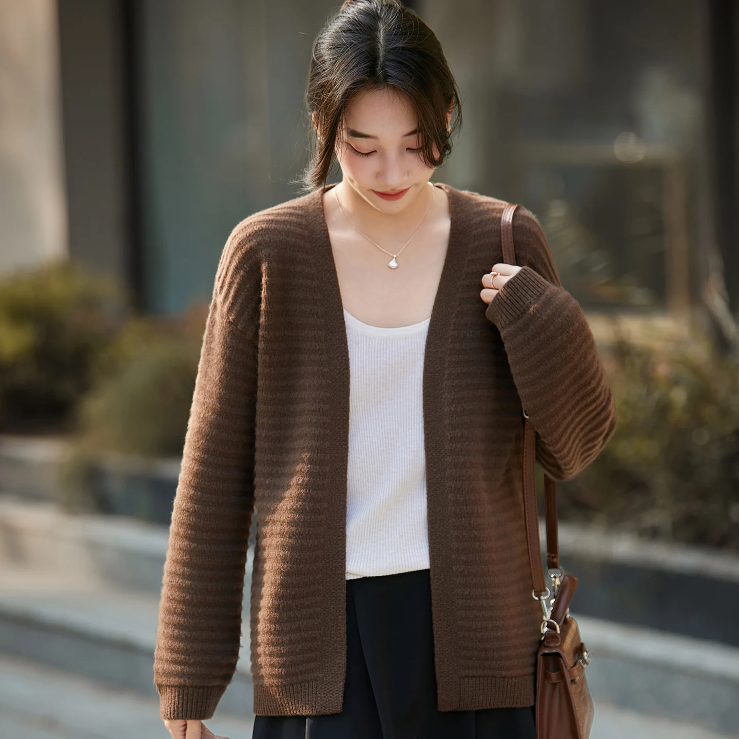 نموذج جديد سترة بدون أزرار المرأة الحياكة نقية ميرينو رداء علوي من الصوف طوق أنيق تصميم موجة نمط عالية الجودة فضفاض القمم #6