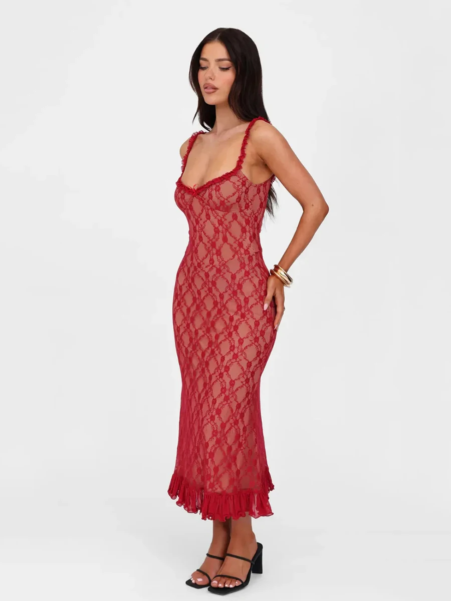 REDDACHiC Robe Camisole en Dentelle Florale pour Femme Été Chaud Extensible Bowknot Col en V Ourlet à Volants Robe Longue Midi Beach Night Clubwear