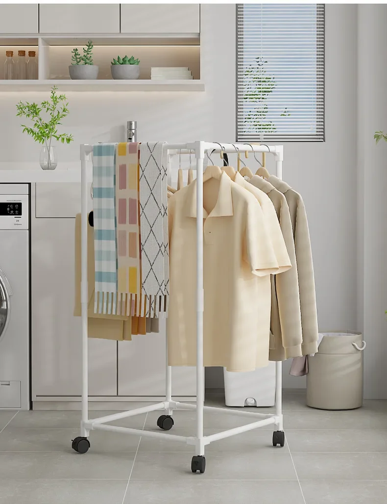 2026 Quadrilateral Rotatable Clothing Rack With Wheels Sturdy Metal Tube Freestanding Vertical Garment Hanger Portable Design