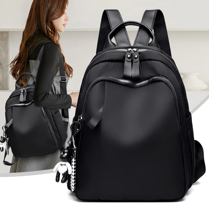 Solid Black Backpack Women Oxford Cloth Zipper Double Shoulder School Bag Teenage Youth Backpacks Travel Casual Ladies Bags