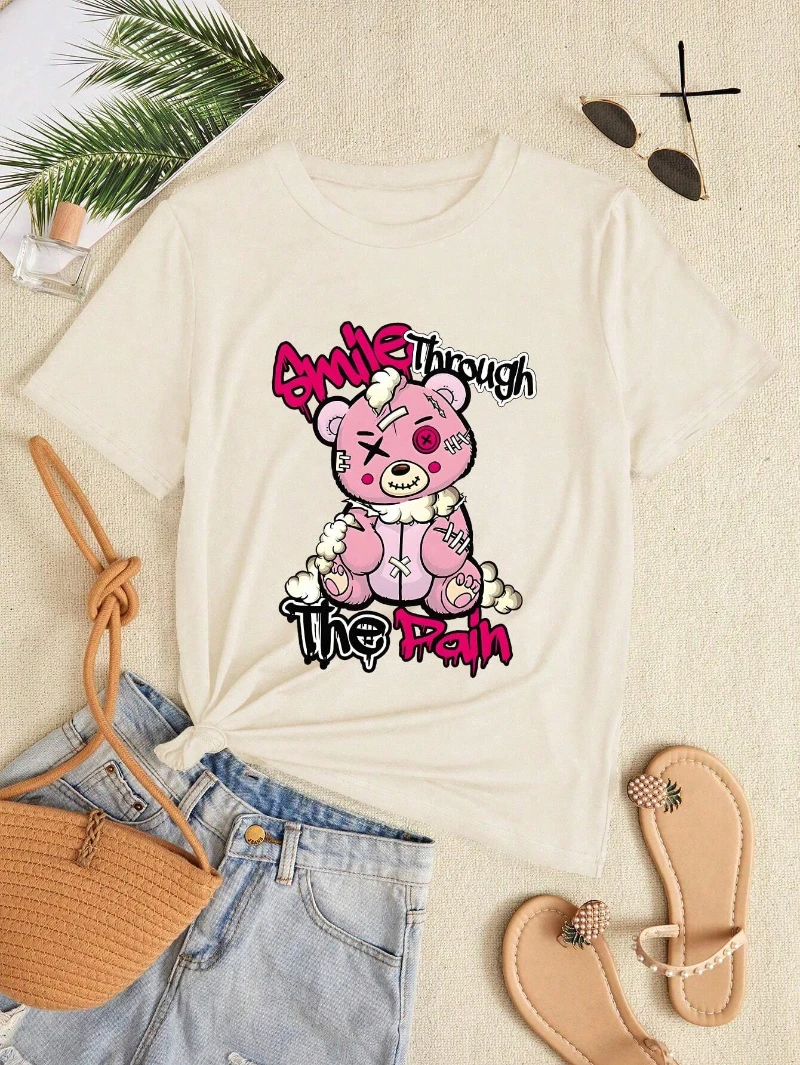 Smile Through The Pain Cartoon Bear Graphic Cotton T-shirt Women Loose Top Summer Short Sleeve Round Neck Classic Fashion Tee