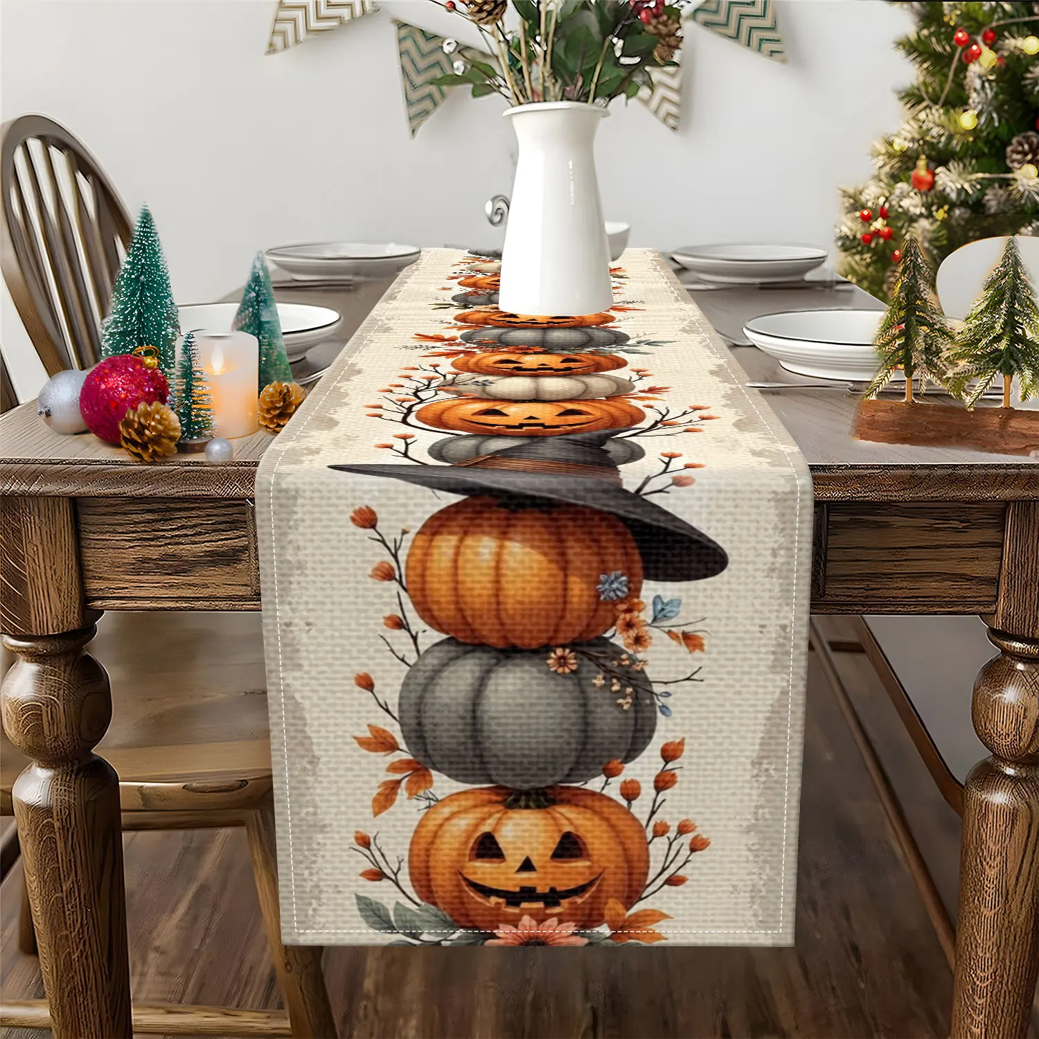 1 Piece of Halloween Pumpkin-Themed Table Runner, Featuring Pumpkins Wearing Witch Hats and Autumn Leaves, Suitable for Halloween Parties and Holiday Decoration Scenes