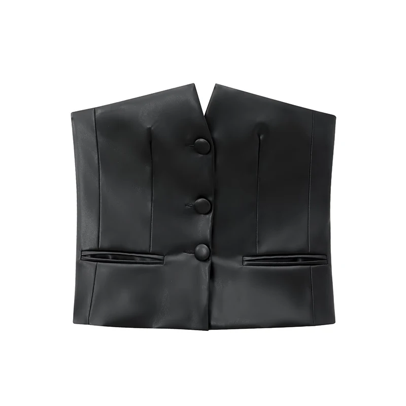 YENKYE Women Black Faux Leather Sexy Strapless Tops Single Breasted With Pockets Fashion Crop Top