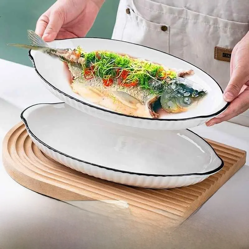 

Большая керамическая тарелка для рыбы, овальная, с двумя ручками, креативная, в скандинавском стиле, для приготовления на пару и запекания, для домашнего использования, посуда для сервировки стола