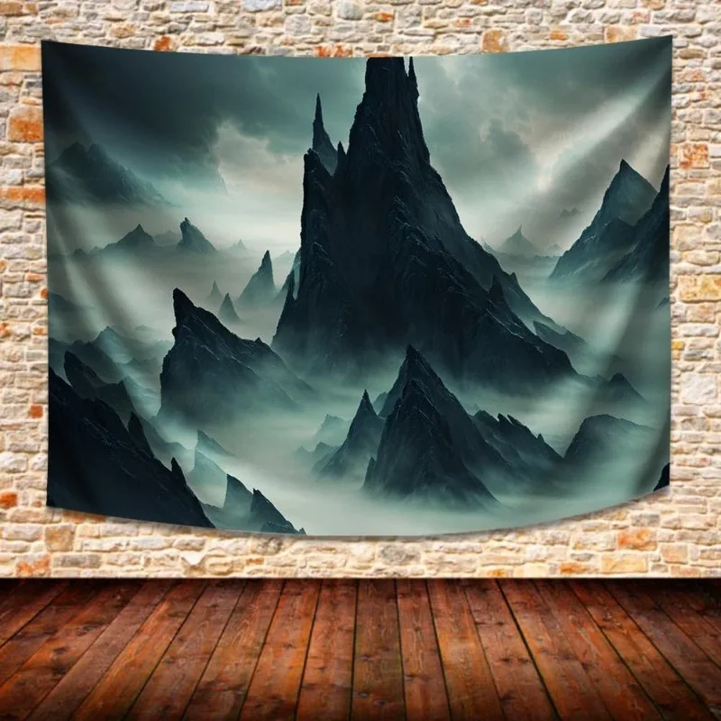 A tapestry featuring a dark, misty mountain peak pattern, machine washable polyester, suitable for bedrooms and living rooms.