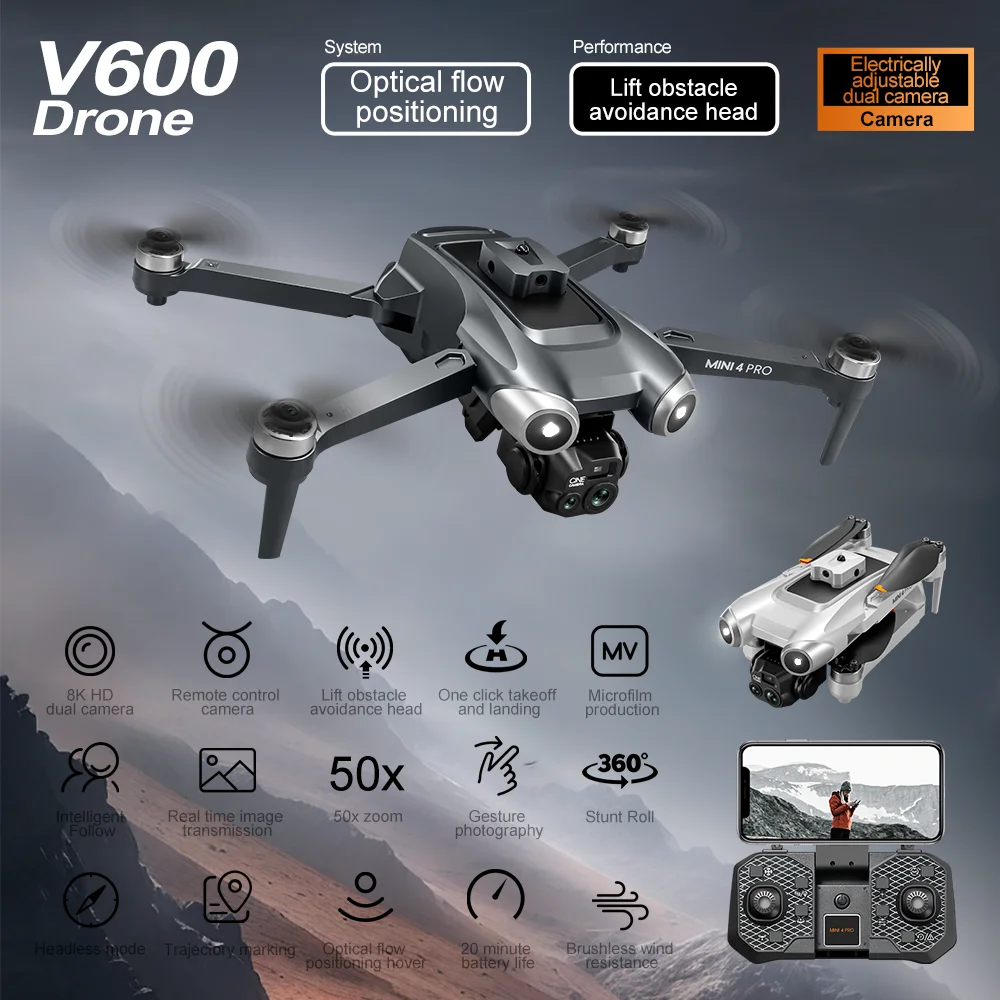 V600 Drone Mini 4 pro max 8K Aerial Professional Dual HD Cameras Optical Flow Positioning Avoidance WIFI UAV GPS Quadcopter NEW