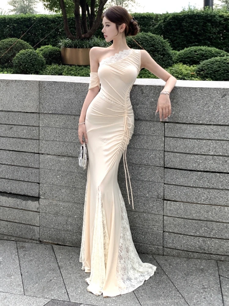 Sexy Lace Long Dress with Drawstring Pleats High Waist Fish Tail Evening Gown for Women Elegant Shoulder Strap Design Pure De...