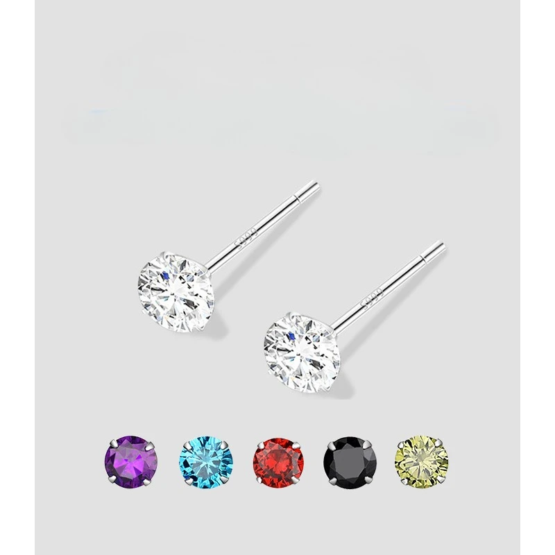 

925 Sterling Silver Four-claw Zirconia Stud Earrings Women's Minimalist Ins Crystal Birthstone Earring Earrings