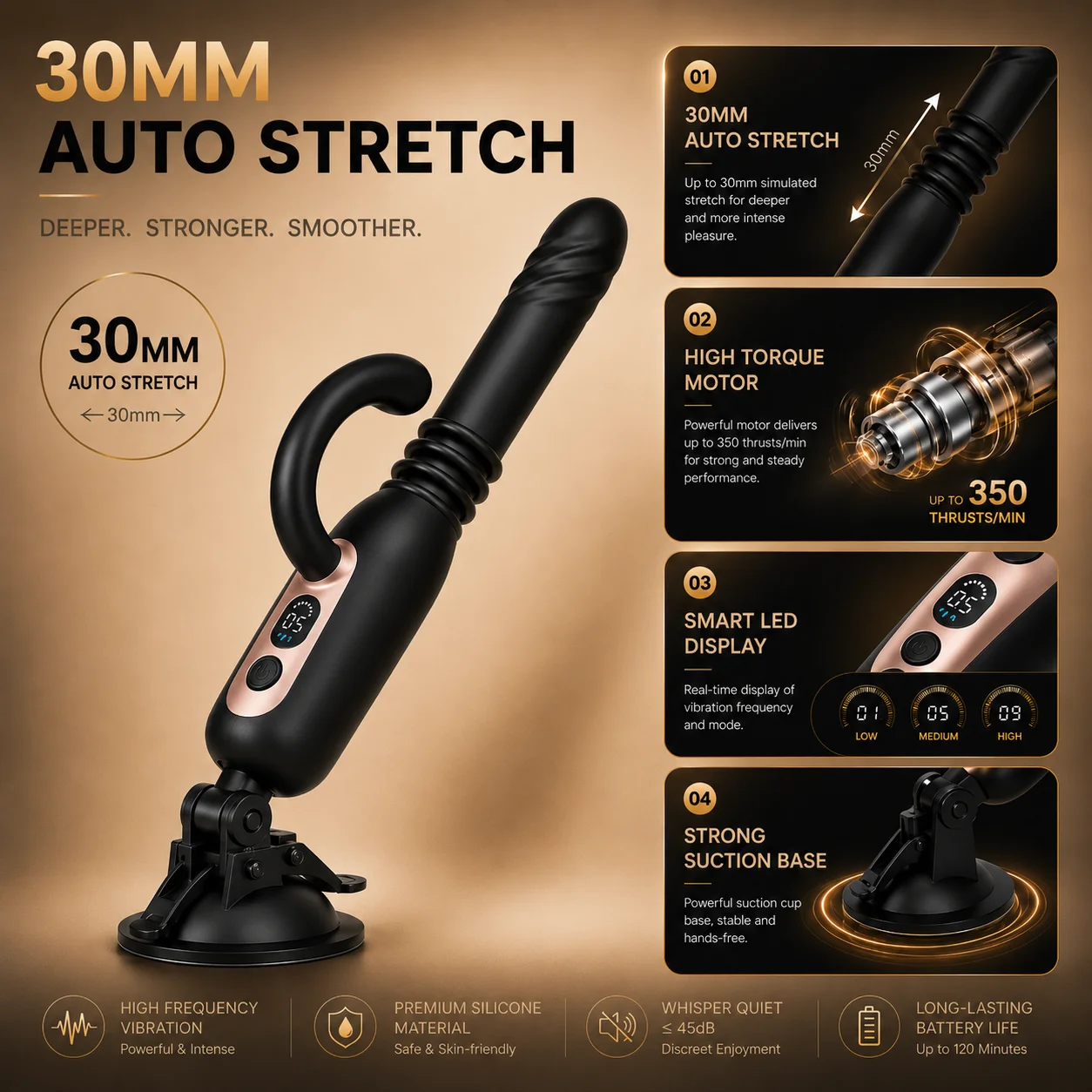 Silicone massager with telescopic body, high-frequency vibration, and strong suction cup base