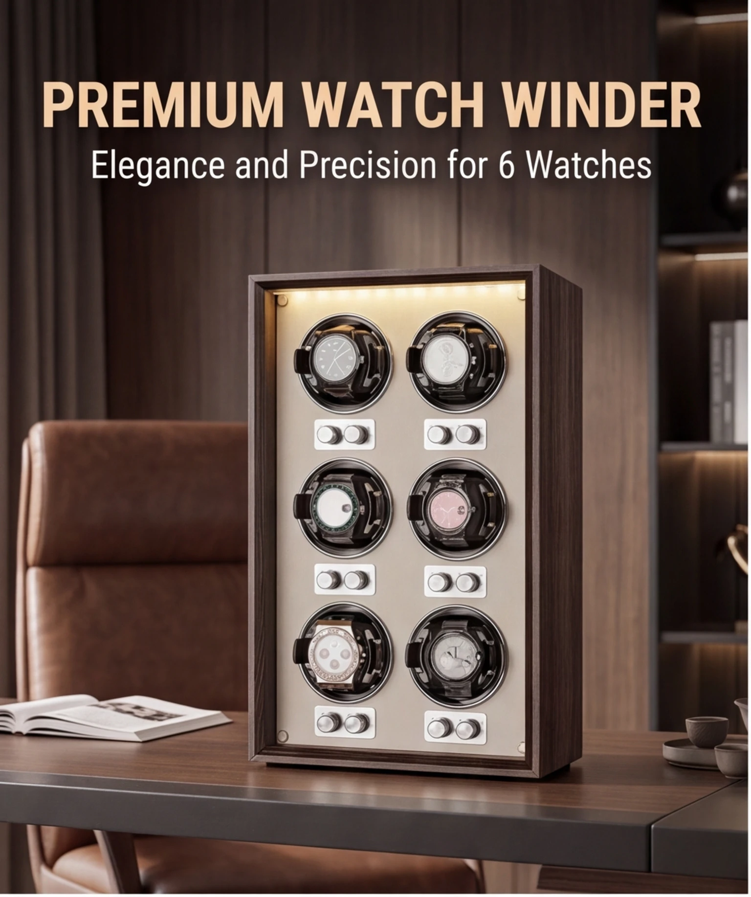 Lorvo Watch Winder 6 Slots Automatic Rotation Anti-Magnetic Ultra Quiet LED Light Storage Box for Mechanical Watches