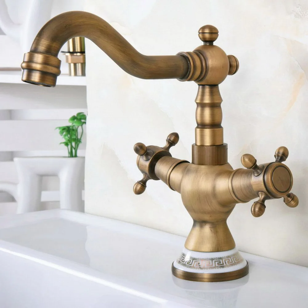 

Basin Faucets Antique Brass Double Cross Handle Bathroom Sink Faucet Swivel Spout Bathbasin Vanity Mixer Taps Nnf604