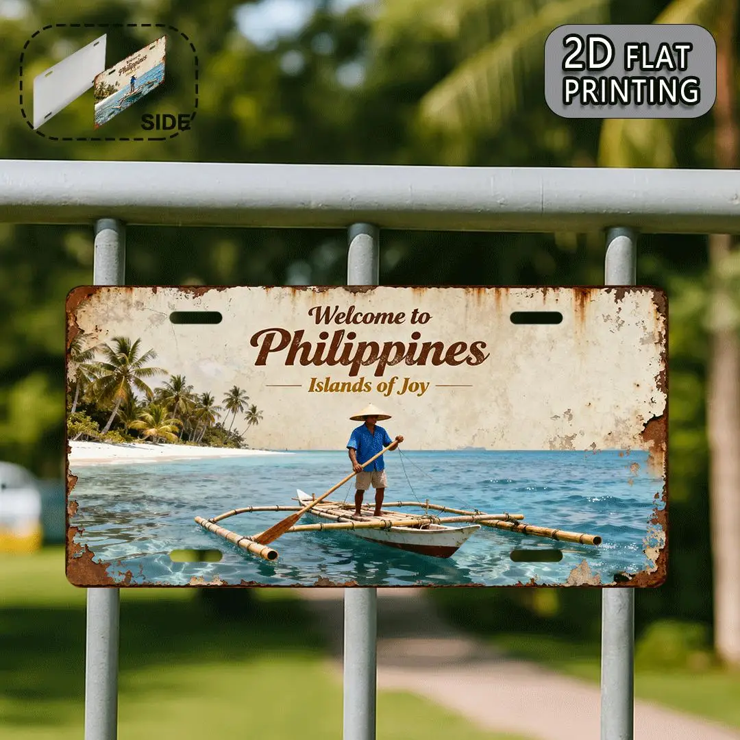 2D Flat, 2D Flat Printing, 1pc, Philippines Vintage Metal Aluminum Sign License Plate, Decorative Sign (30.48X15.24cm), Travel G