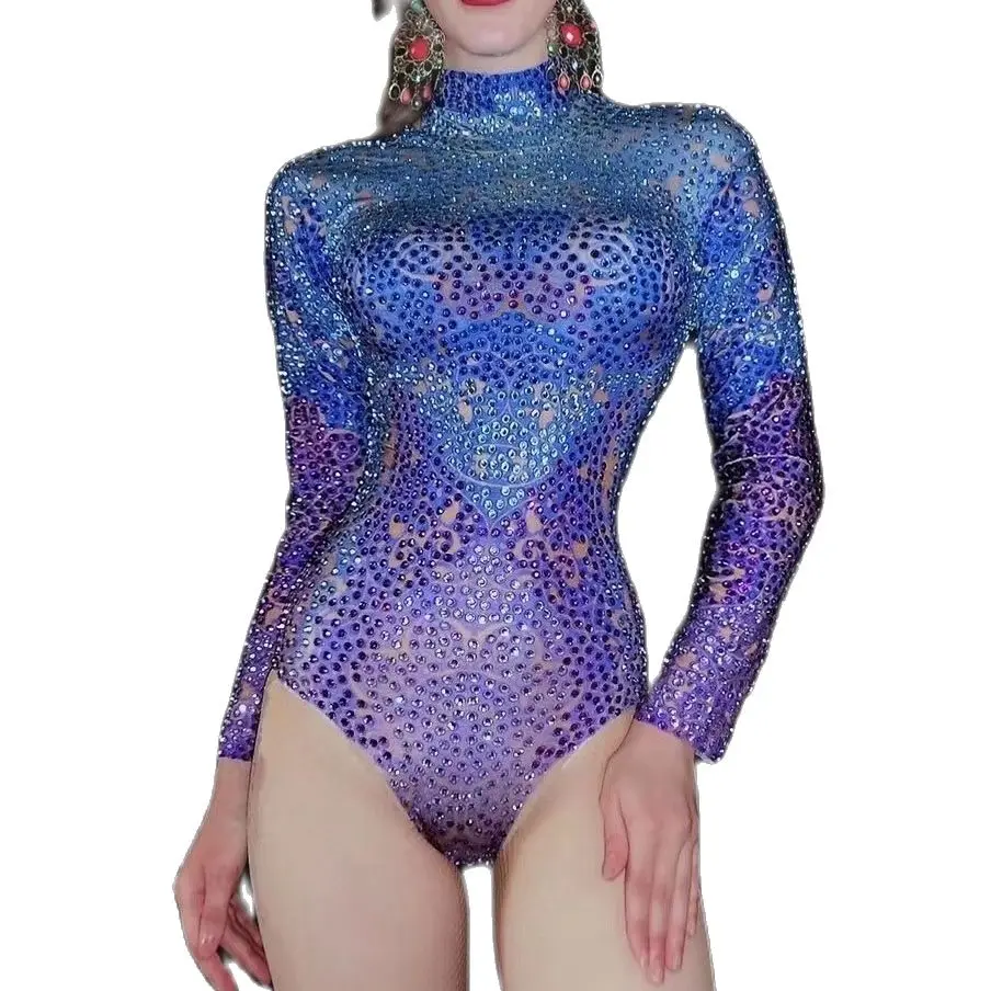 

Performance clothes, nightclubs, bars, female singers, full diamond five degree printed hollowed out long sleeved high fork seri
