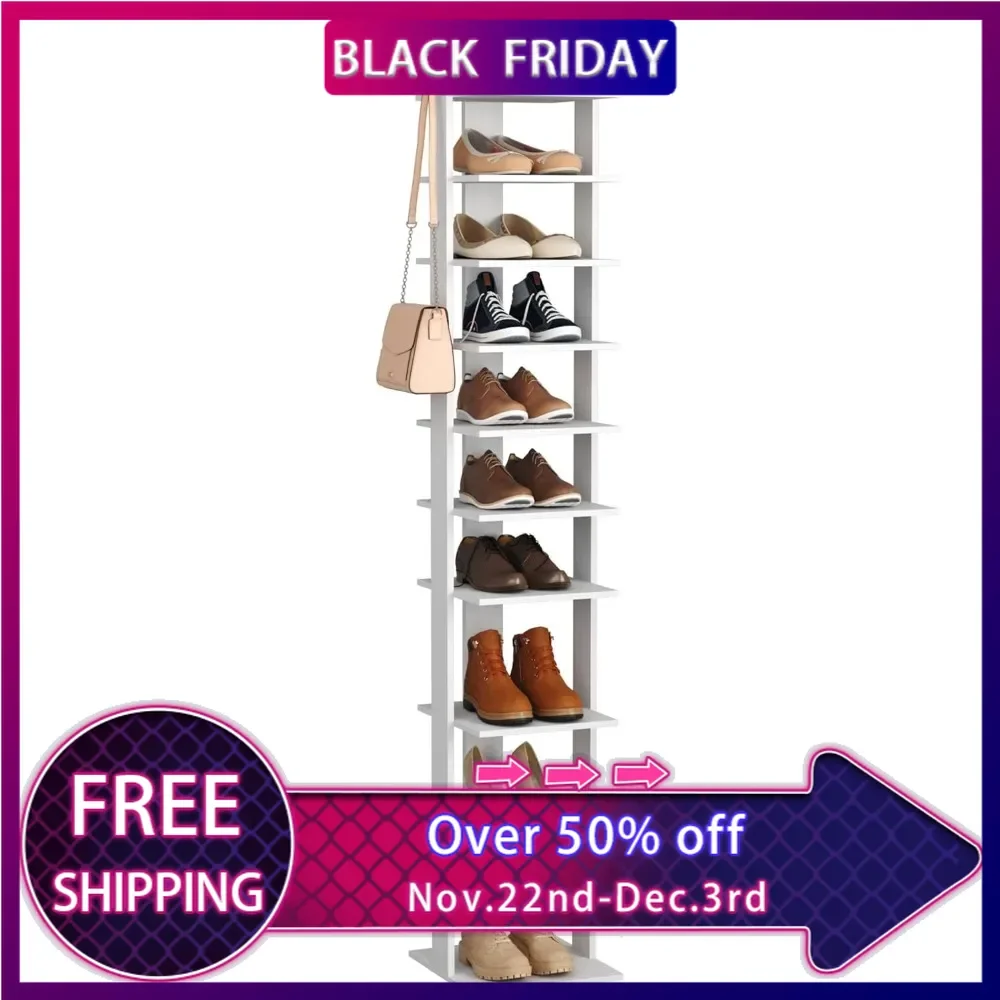 

10-Tier Vertical Shoe Rack, Corner Shoe Tower, Slim Shoe Organizer with Two Hanging Hooks, Wooden Shoes Storage Stand