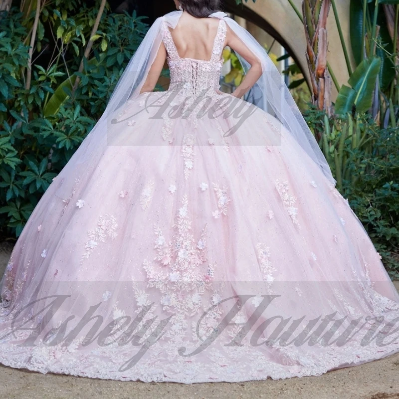 우아한 블러쉬 핑크 공주 소녀 Quinceanera 드레스 레이스 Applique 볼 가운 파티 파티 vestidos de 15 quinceañeras Customized