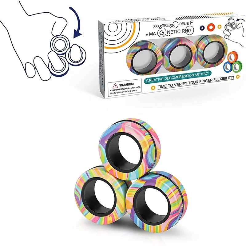 3Pcs/set Rainbow Magnetic Ring Rotating Fingertip Spinning Top Fidget Spinner Anxiety Stress Reliever Toys For Children Gifts