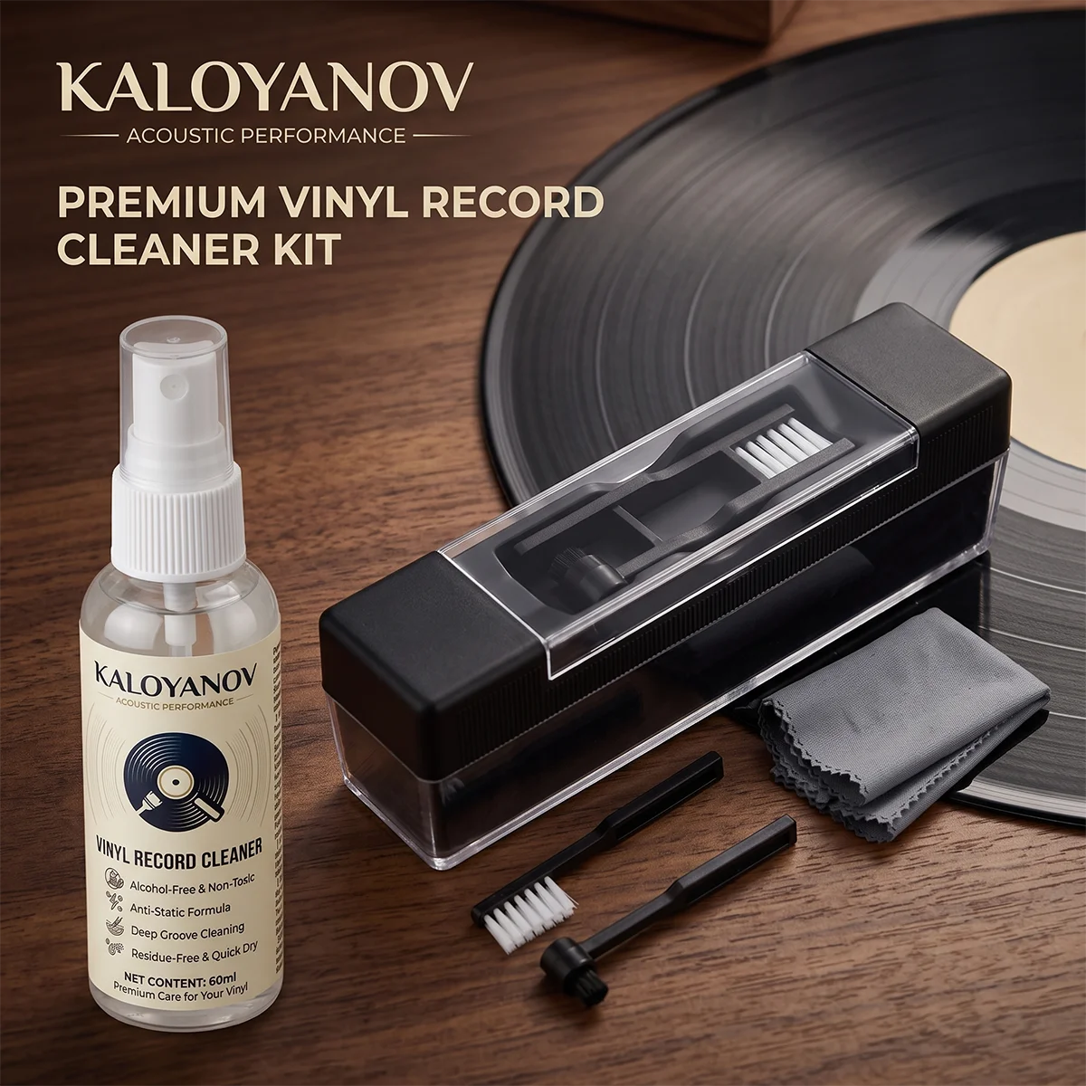 Professional Vinyl Record Cleaning Kit with Alcohol-Free Spray, Velvet Brush & Stylus Cleaner for LP Turntable Maintenance
