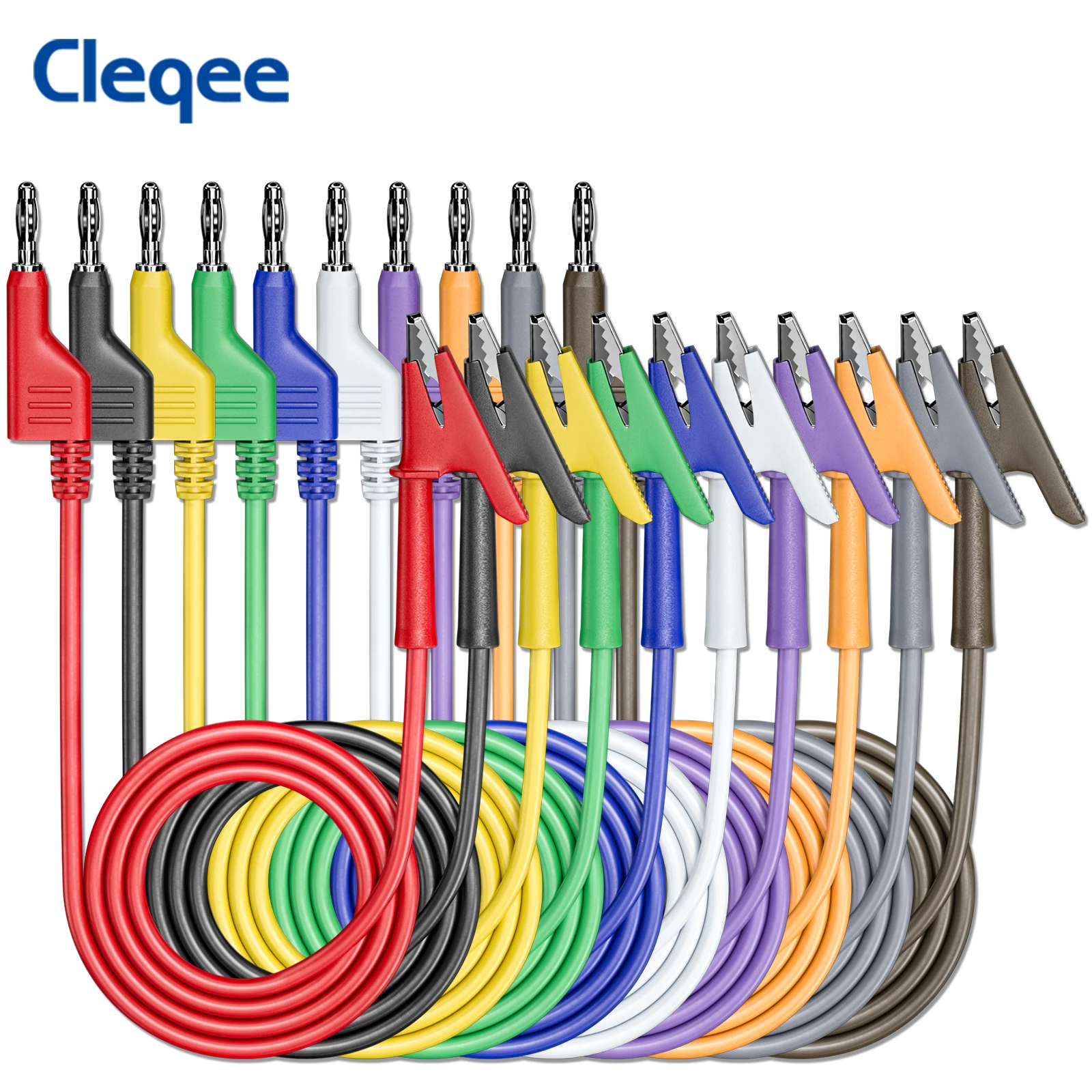 Cleqee P1037 10PCS test lead 4mm stackable banana plug crocodile clip flexible cable 3.3ft/1m for multimeter electrical testing