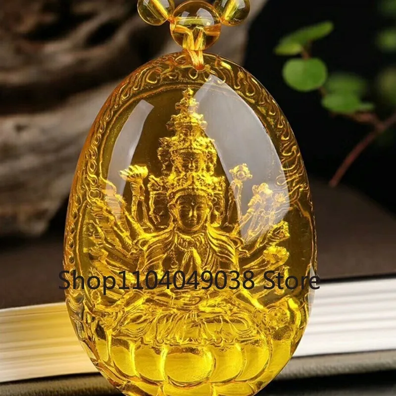 Golden Amber Eight Guardian Gods Thousands of Hands Avalokitesvara Bodhisattva Zodiac Rat Native Life Buddha Pendant Necklace